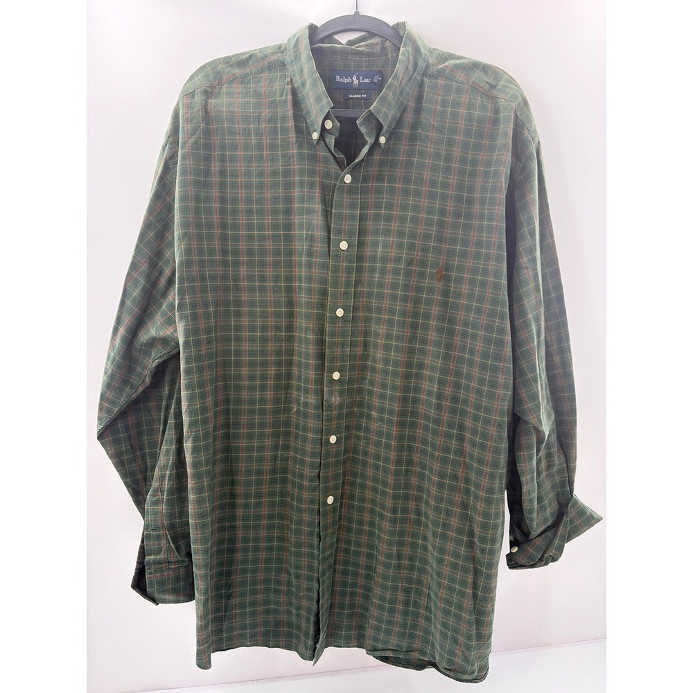 Ralph Lauren Mens 2XB Big Classic Fit Plaid Button Down Shirt Green Long Sleeve